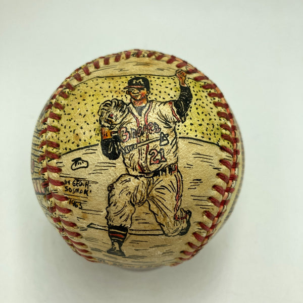 Beautiful Warren Spahn Hand Painted George Sosnak Folk Art Signed Baseball