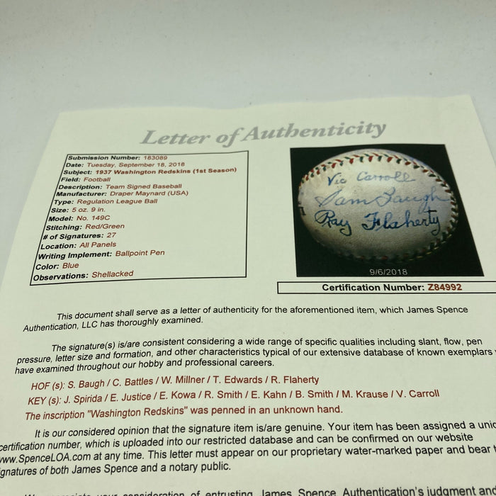 Historic 1937 Washington Redskins Inaugural Season Team Signed Baseball JSA COA