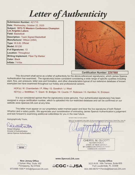 Wilt Chamberlain 1972-1973 Los Angeles Lakers Champs Team Signed Baseball JSA