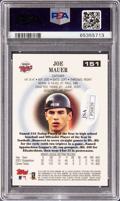 2002 Topps Pristine Joe Mauer Signed Auto Rookie Card RC PSA MINT 9