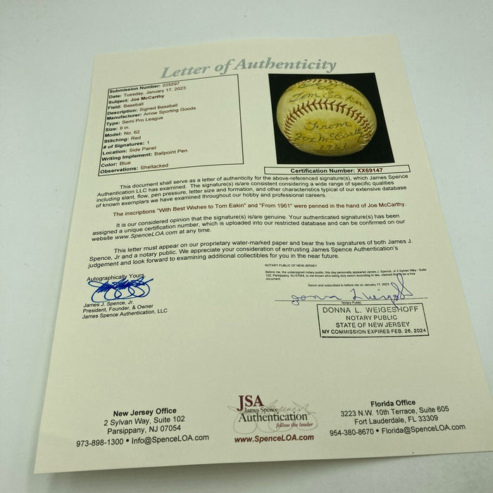 Joe Mccarthy Single Signed Baseball With JSA COA