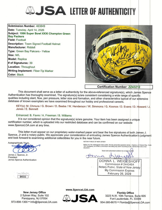 1996 Green Bay Packers Super Bowl Champs Team Signed Full Size Helmet JSA COA