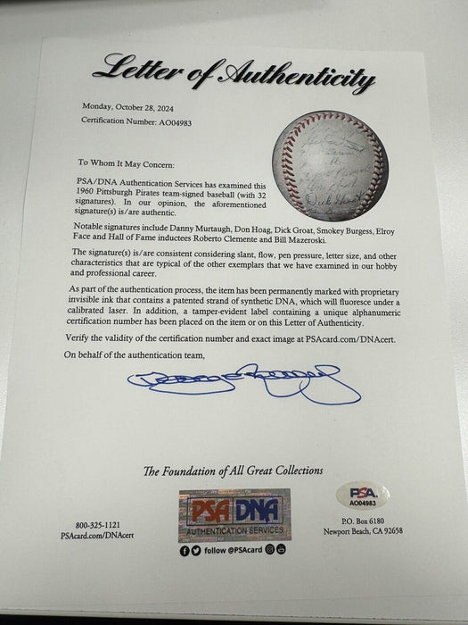 1960 Pittsburgh Pirates World Series Champs Team Signed Baseball PSA DNA COA