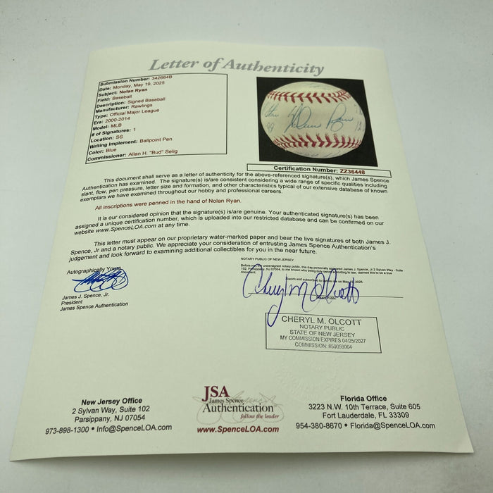 Beautiful Nolan Ryan Signed Heavily Inscribed Career STAT Baseball JSA COA