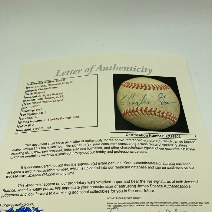Charlie Grimm Single Signed 1940's Official National League Baseball JSA COA