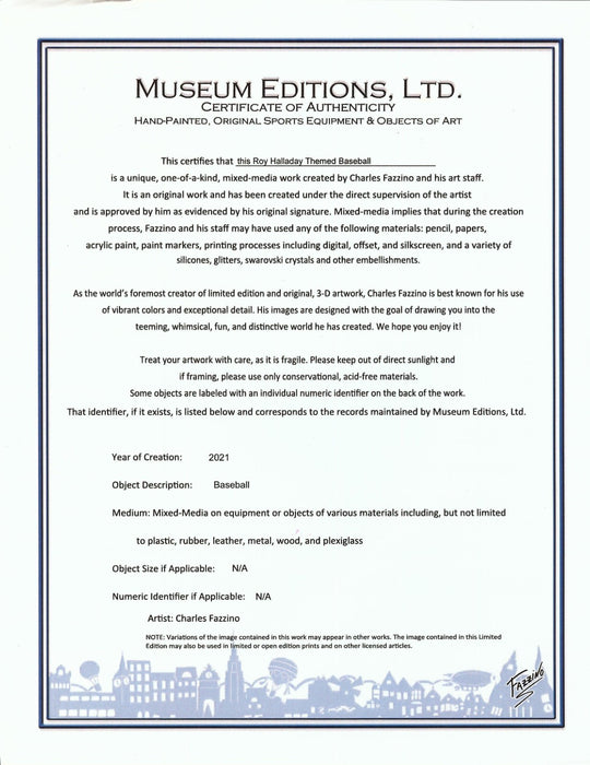 Roy Halladay Signed Charles Fazzino Hand Painted Pop Art Baseball JSA Fanatics