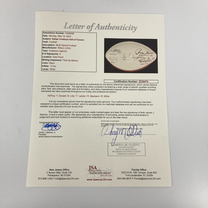 Dallas Cowboys Legends Signed Football Tom Landry Roger Staubach JSA COA