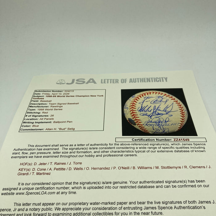 1998 New York Yankees World Series Champs Team Signed Baseball Jeter JSA COA