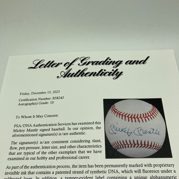 Mickey Mantle Signed American League Baseball PSA DNA Graded 10 GEM MINT