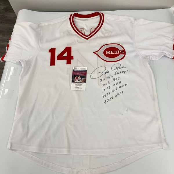 Pete Rose Signed Heavily Inscribed STATS Cincinnati Reds Jersey JSA COA