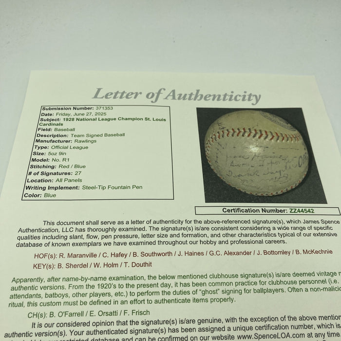 1928 St. Louis Cardinals NL Champs Team Signed Baseball Grover Alexander JSA COA