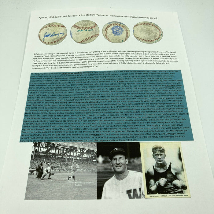 Incredible Jack Dempsey Signed 1937 NY Yankee Stadium Game Used Baseball JSA COA