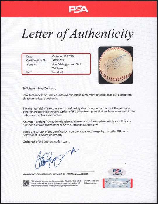 Joe Dimaggio #5 & Ted Williams #9 Signed 1940's AL Harridge Baseball PSA DNA