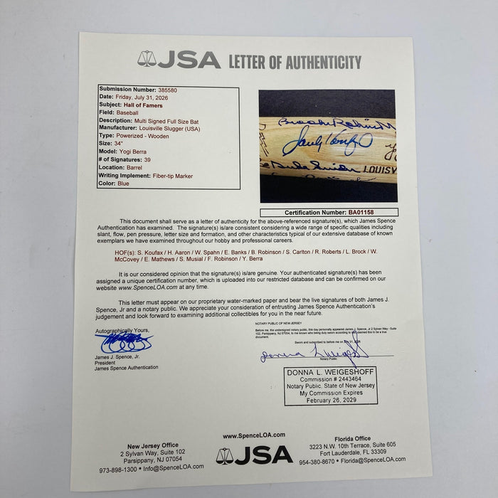 Beautiful Hall Of Fame Multi Signed Baseball Bat 39 Sigs Sandy Koufax JSA COA