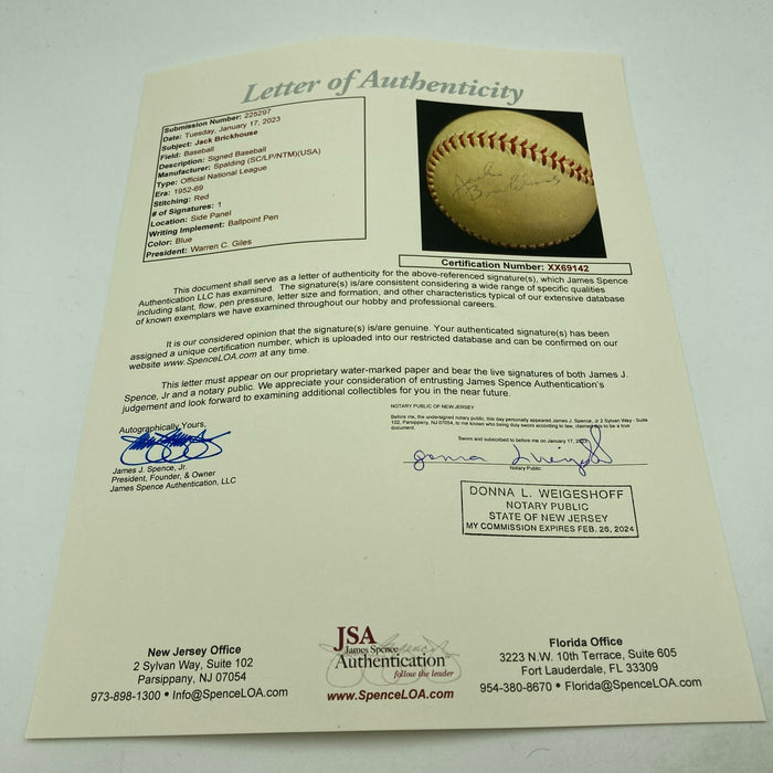 Jack Brickhouse Signed Vintage 1950's National League Giles Baseball JSA COA