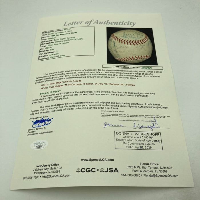 1958 San Francisco Giants Team Signed NL Baseball Willie Mays JSA COA