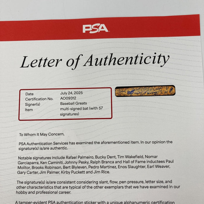 Hall Of Fame Multi Signed Baseball Bat 57 Sigs Kirby Puckett Gary Carter PSA DNA