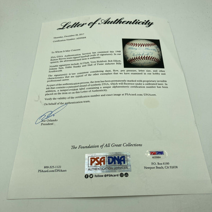 Beautiful 1948 Boston Braves National League Champs Team Signed Baseball PSA DNA