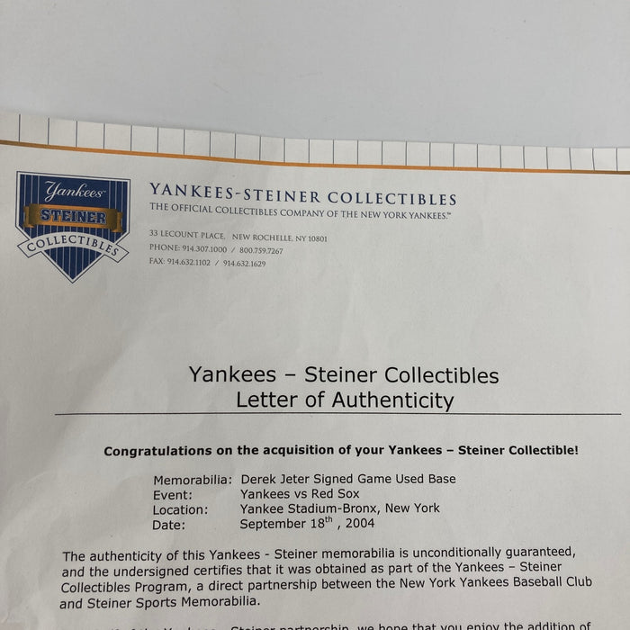 Derek Jeter Signed Authentic 2004 Game Used Base Steiner COA Yankees VS Red Sox