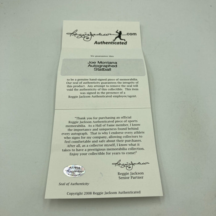 Joe Montana Signed Heavily Inscribed Career STAT Baseball Reggie Jackson COA