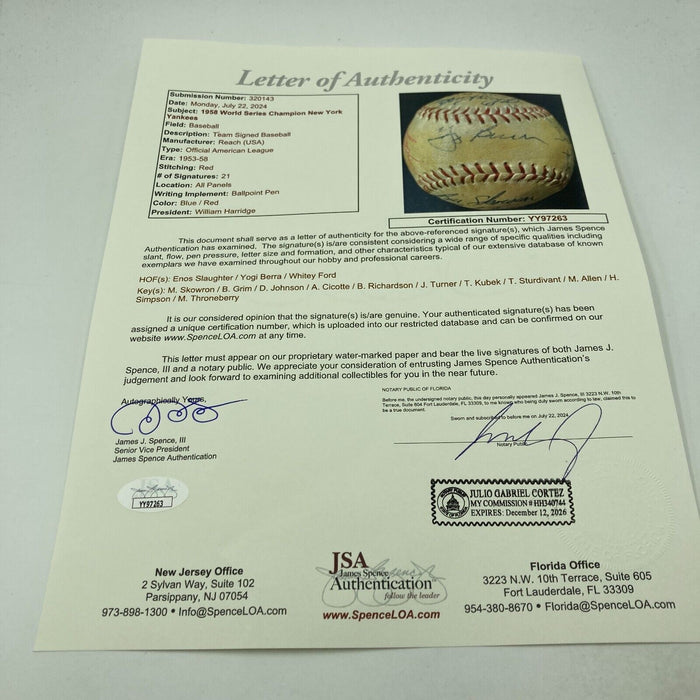 1958 New York Yankees World Series Champs Team Signed Baseball JSA COA