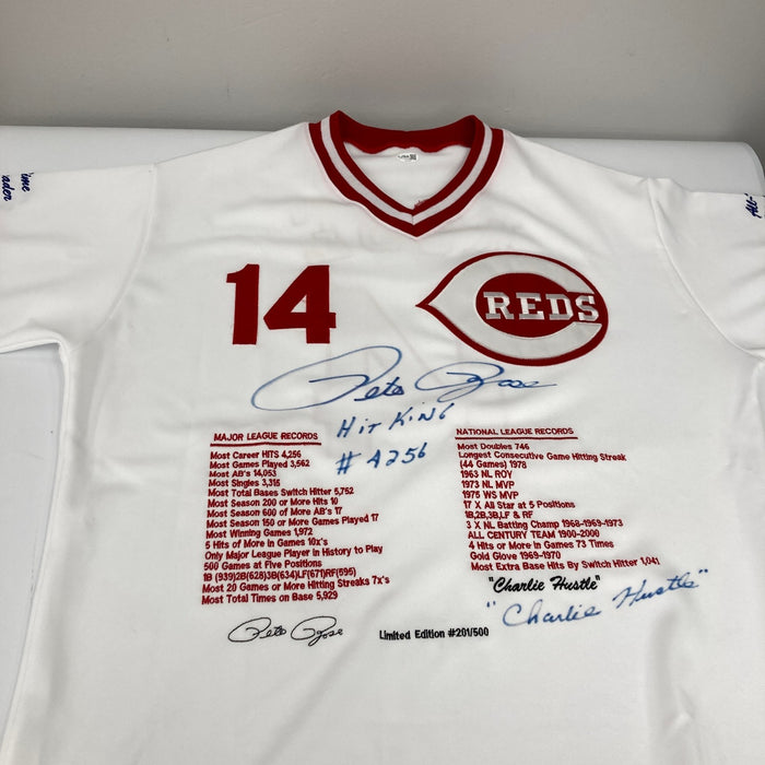 Pete Rose "Hit King #4256 Charlie Hustle" Signed Cincinnati Reds Jersey JSA COA