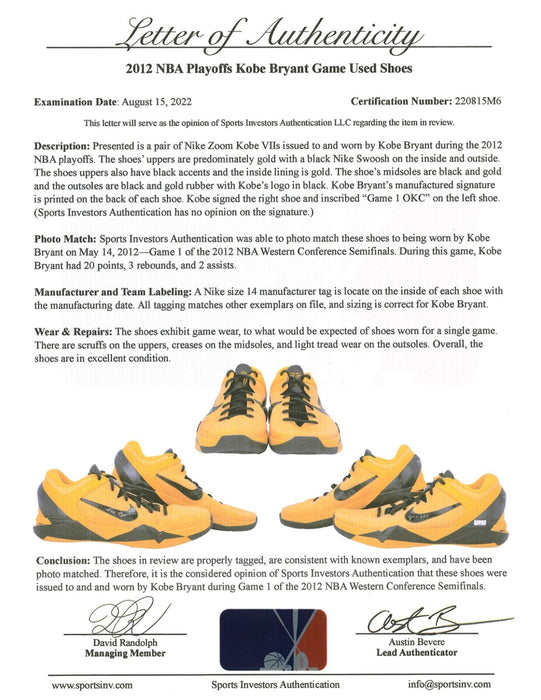 Kobe Bryant Photomatched 2012 Playoffs Game Used Signed Sneakers Panini COA 1/1