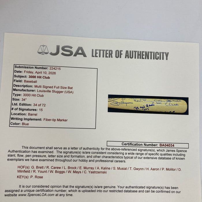 Beautiful 3,000 Hit Club Multi Signed Baseball Bat Willie Mays Hank Aaron JSA