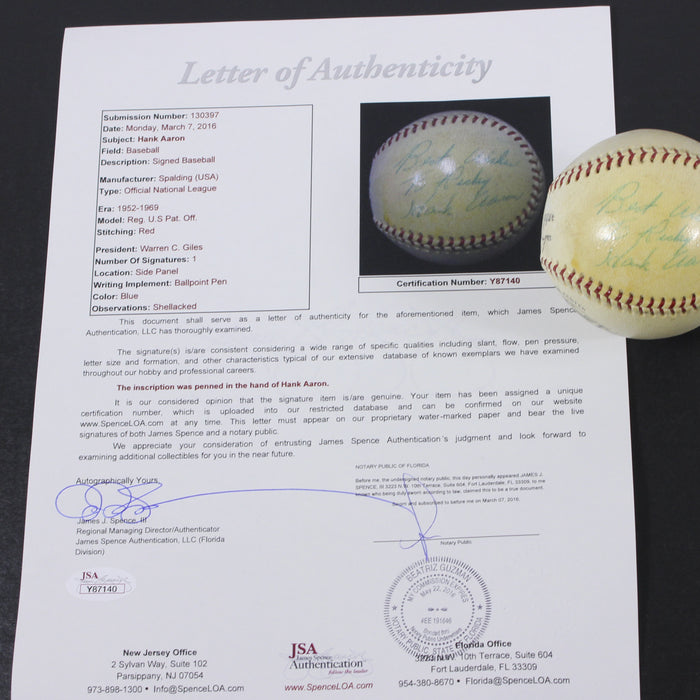 Vintage 1960's Hank Aaron Playing Days Signed National League Baseball JSA COA