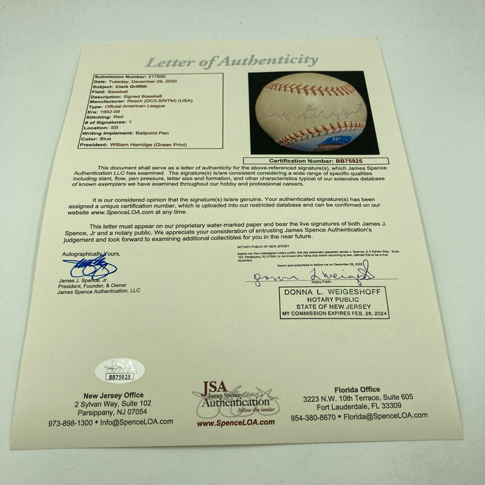 Clark Griffith Single Signed 1950's American League Baseball With JSA COA HOF