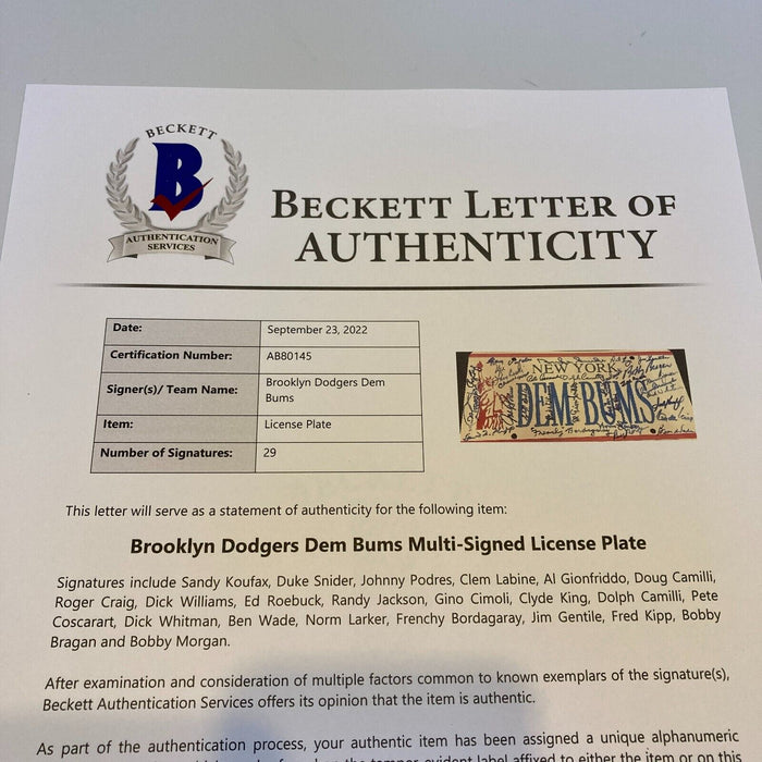 Sandy Koufax Brooklyn Dodgers Greats Signed "Dem Bums" License Plate Beckett COA