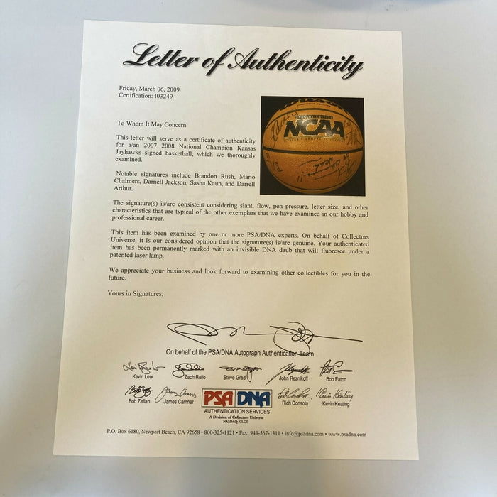 2007-08 NCAA Champions Kansas Jayhawks Team Signed Game Basketball PSA DNA COA