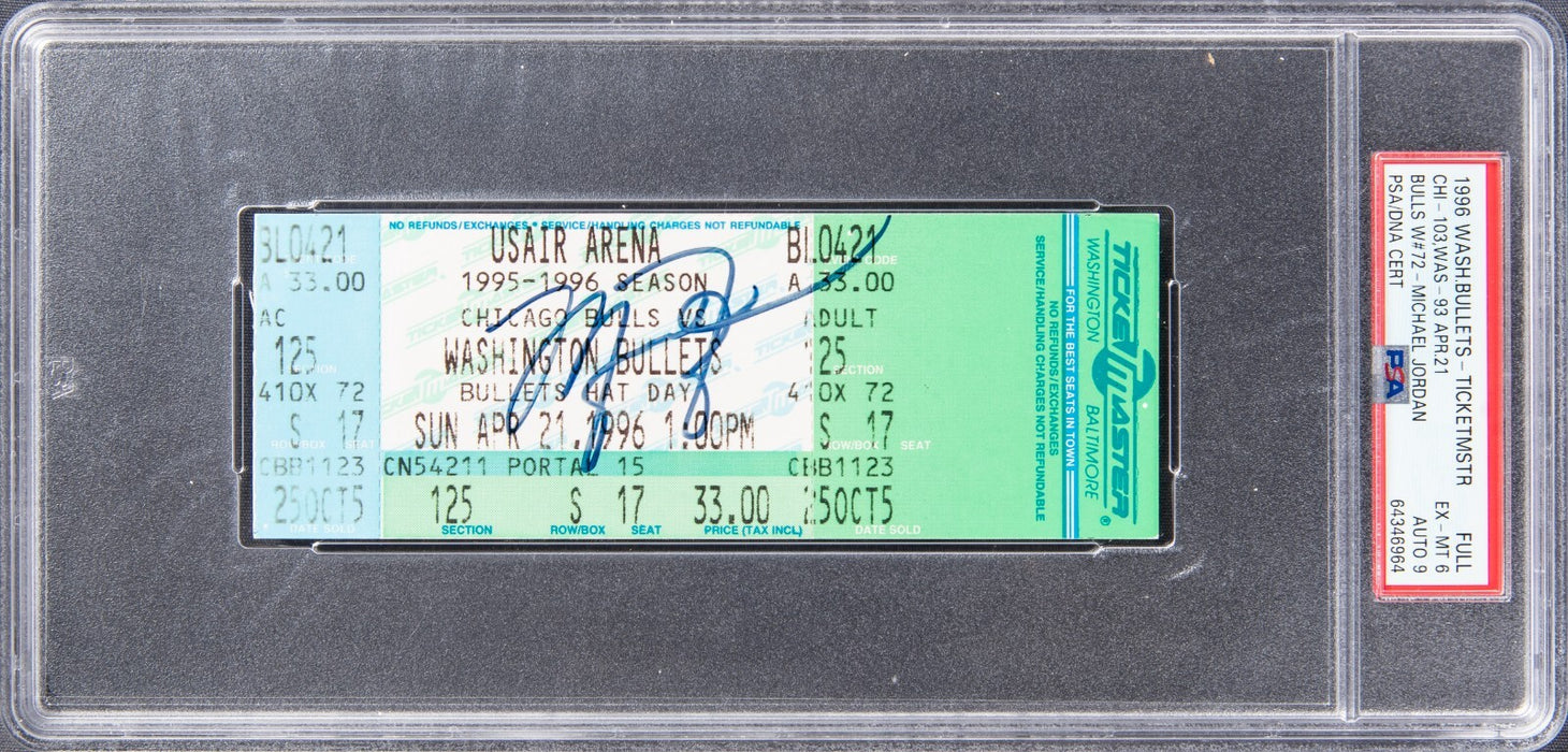 Michael Jordan Signed 72nd Win Full Ticket April 21, 1996 1/1 PSA 6 Auto 9 Pop 1