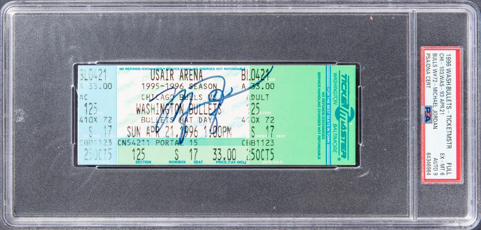 Michael Jordan Signed 72nd Win Full Ticket April 21, 1996 1/1 PSA 6 Auto 9 Pop 1