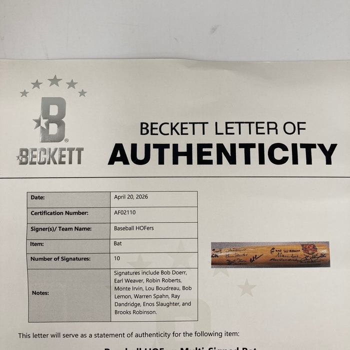 Hall Of Fame Multi Signed Baseball Bat 10 Sigs Beckett COA