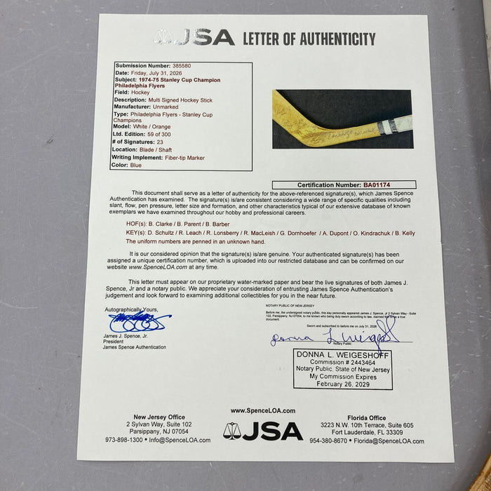 1974-1975 Philadelphia Flyers Stanley Cup Champs Team Signed Hockey Stick JSA CO