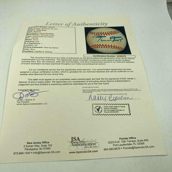 Willie Mays Signed Vintage National League Feeney Baseball With JSA COA