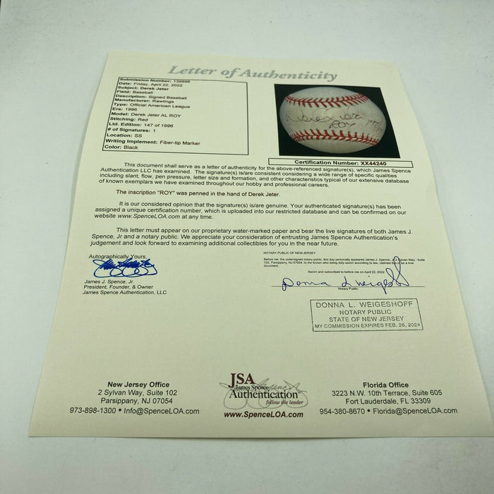 Derek Jeter Rookie Of The Year 1996 Signed Inscribed Baseball With JSA COA