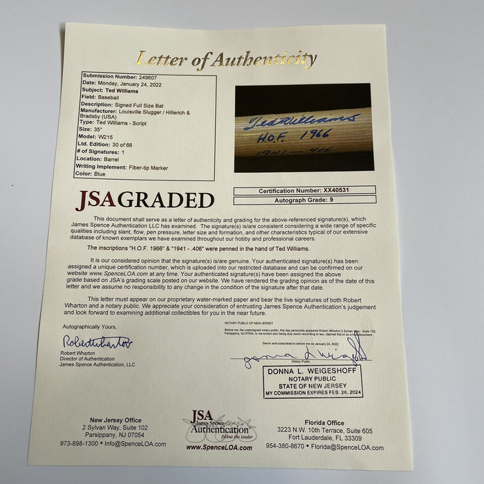 Ted Williams Signed Heavily Inscribed Career STAT Baseball Bat JSA Graded MINT 9