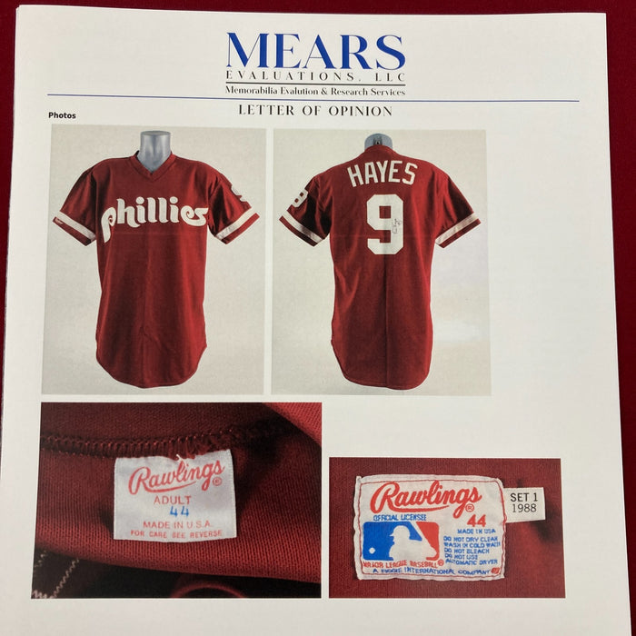 Von Hayes 1988 Game Used Philadelphia Phillies Jersey Uniform MEARS COA