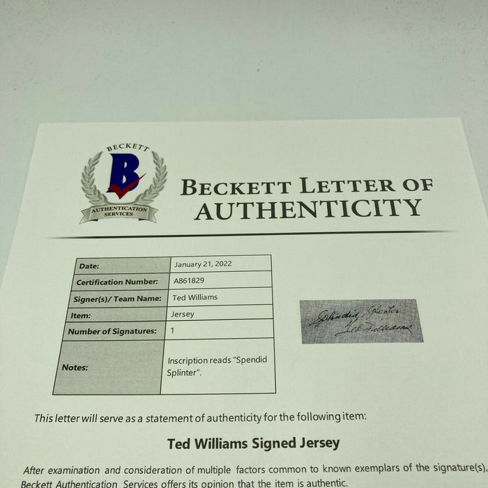 Ted Williams Splendid Splinter Signed Inscribed Boston Red Sox Jersey Beckett