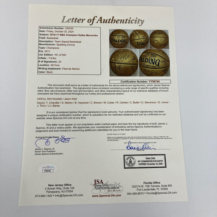 2010-11 Dallas Mavericks NBA Champs Team Signed Basketball JSA COA