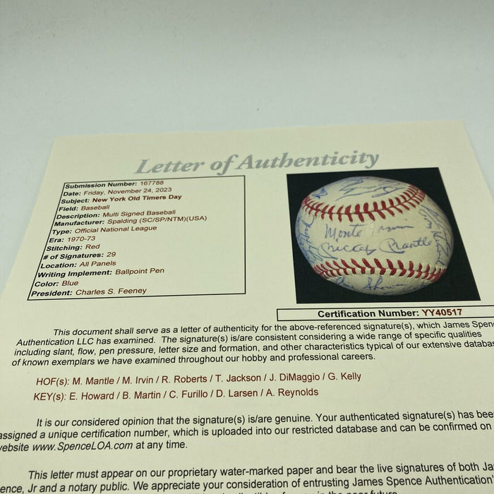 Mickey Mantle Joe DiMaggio 1970's Yankees Old Timers Day Signed Baseball JSA COA