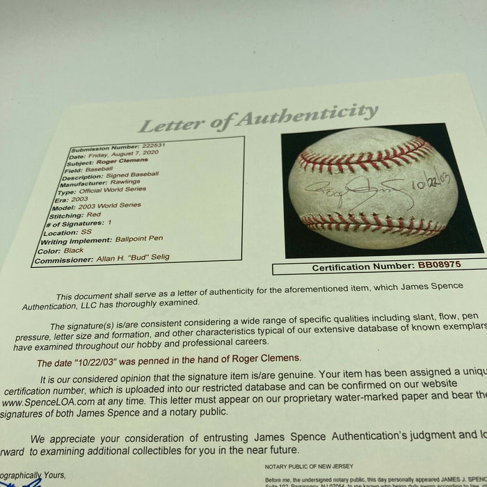 Roger Clemens 2003 World Series Game Used Signed Baseball JSA COA MLB Authentic
