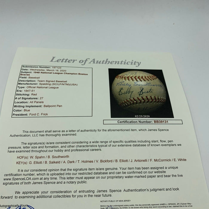 Beautiful 1948 Boston Braves National League Champs Team Signed Baseball JSA COA