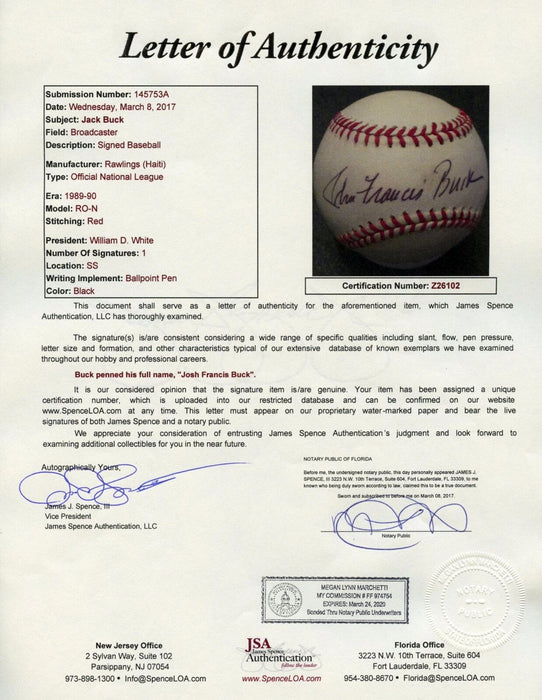 Rare Jack Buck John Francis Full Name Single Signed NL Baseball JSA COA