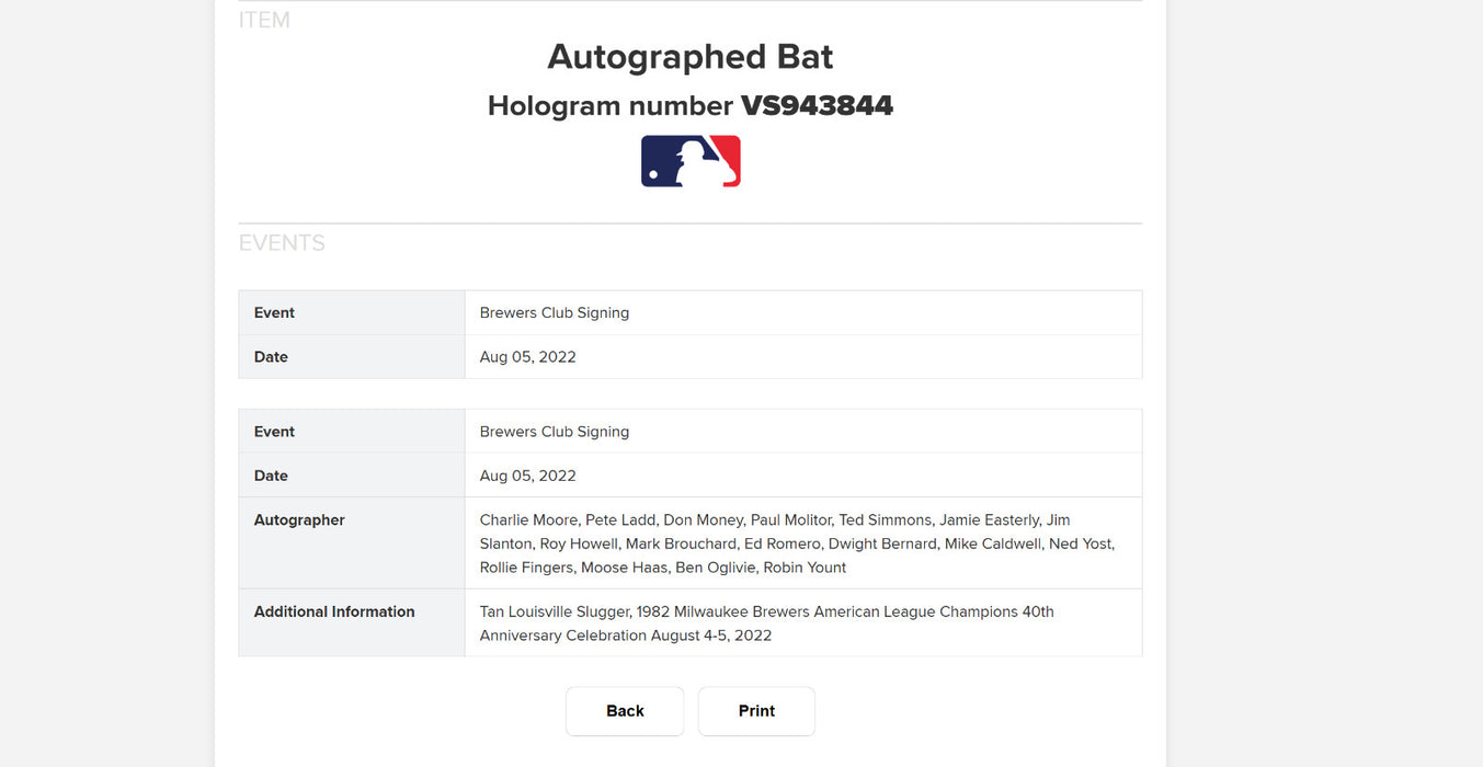 1982 Milwaukee Brewers American League Champs Team Signed Baseball Bat MLB Holo