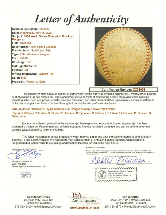 1955 Brooklyn Dodgers W.S. Champs Team Signed Baseball Jackie Robinson JSA COA