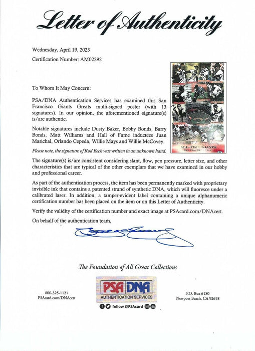 Willie Mays Barry & Bobby Bonds San Francisco Giants Legends Signed Poster PSA