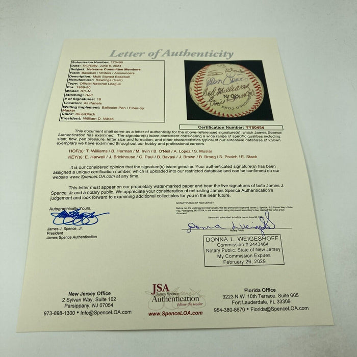 1992 Hall Of Fame Veterans Committee Signed Baseball Ted Williams JSA COA